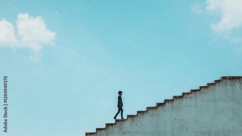 Man ascending concrete stairs against a clear blue sky. Man ascending concrete stairs against a clear blue sky.