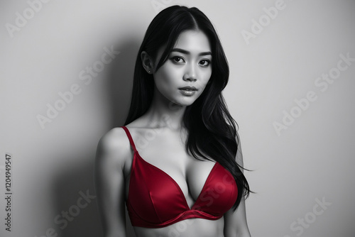 A classic black and white portrait of a beautiful Asian woman with large breasts wearing a red bra against a solid background. 