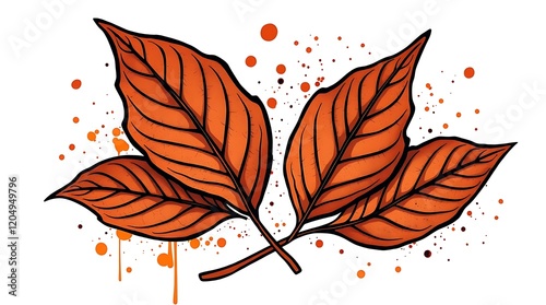 Three autumn leaves with orange and brown tones on a white background with paint splatters. photo