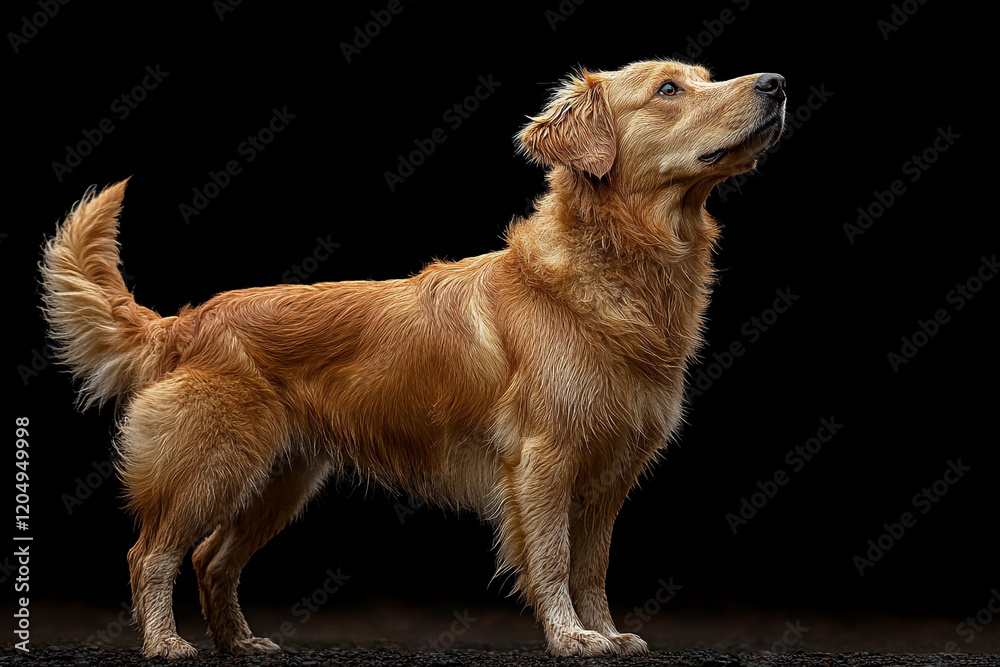 Golden Retriever Dog Standing Against Black Background Golden Retriever Dog Standing Against Black Background