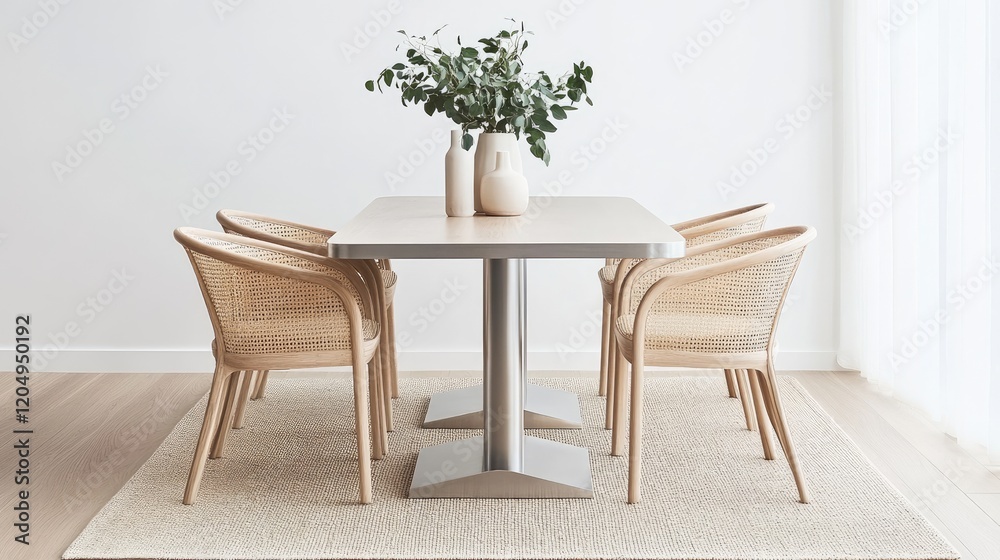 Fototapeta premium A minimalist dining space showcasing a sleek metal table, four rattan chairs, and a chic centerpiece