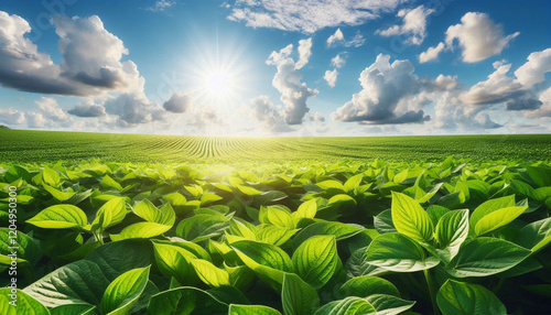  green soybean crop field under white sky for eco-friendly farming and sustainable agriculture landscape ideas