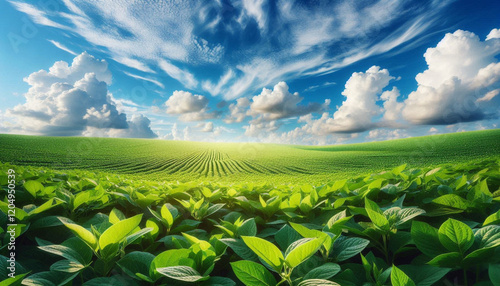  soybean field swaying under white sky for countryside farming and organic crop cultivation designs