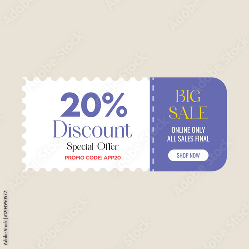 Promotional voucher code for 20%. Dicount Shopping, marketing, business banner