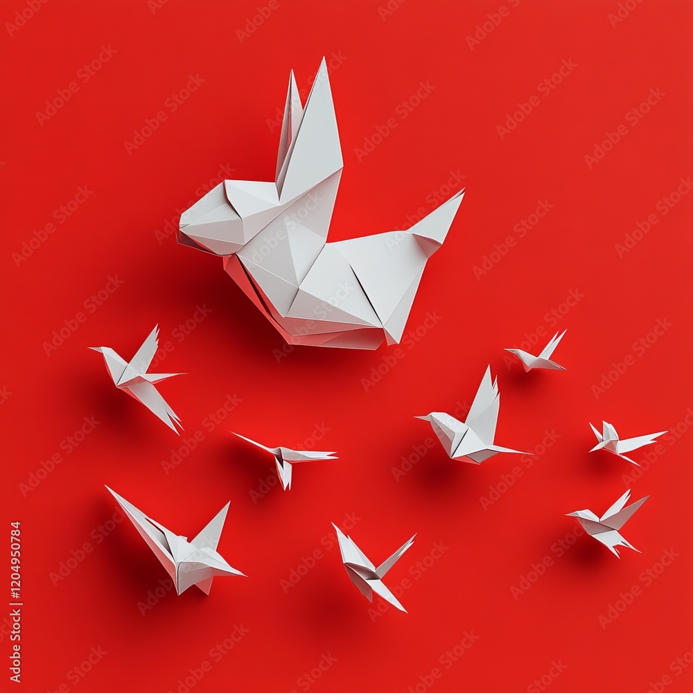 Origami paper bird on a red background. 3d illustration. Origami paper bird on a red background. 3d illustration.