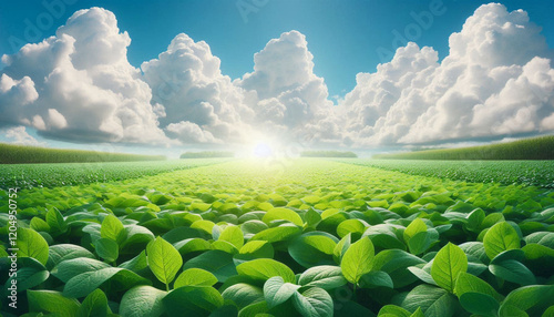  lush soybean crop field under soft white sky for sustainable agricultural projects and professional designs