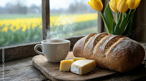 Cozy Breakfast Scene in the Dutch Countryside with Bread, Cheese, and Tulips by the Window