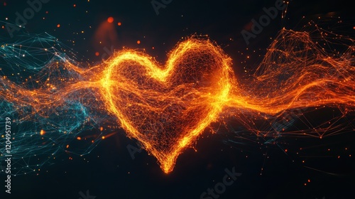Fiery heart energy digital art, dark background, love concept