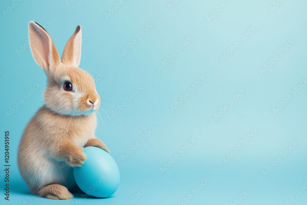Obraz premium Easter Bunny Rabbit with Blue Painted Egg on Blue Background Festive Holiday Concept