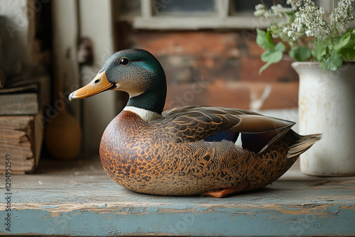 Intricate Carved Mallard Duck Decorates Rustic Table