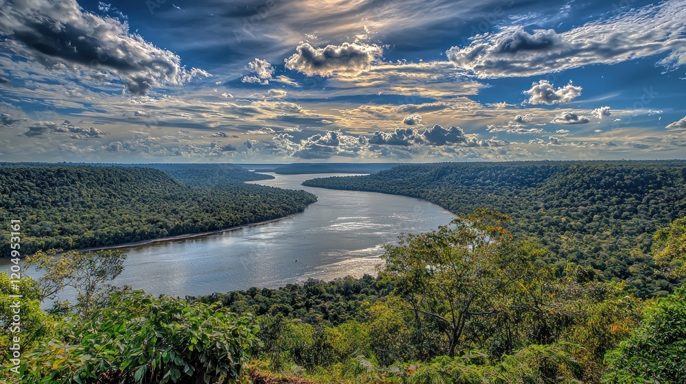 Obraz premium River bends through rainforest, aerial view, dramatic clouds, nature tourism