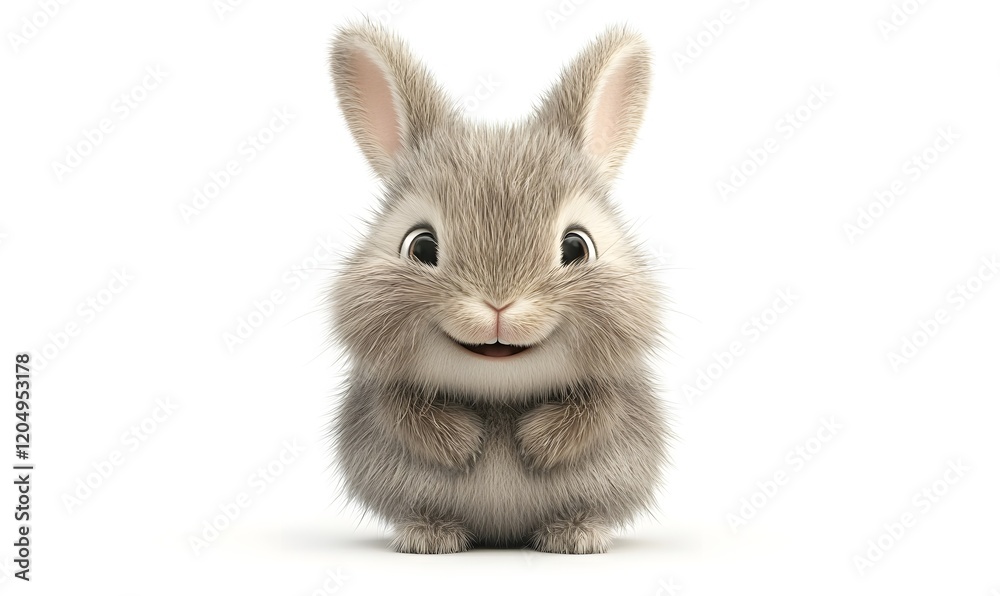 Obraz premium Cute 3D bunny sitting, smiling, white background, Easter