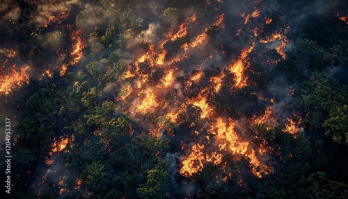 aerial shot of a jungle in flames, with fiery colors illuminating the dark smoke, emphasizing the urgent need for environmental protection