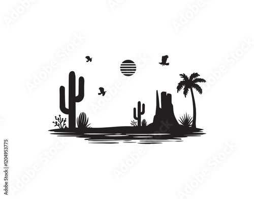 desert oasis with palm trees and cacti vector silhouette