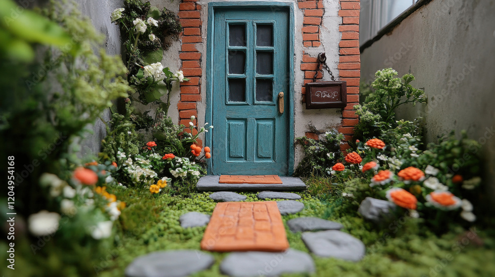 Naklejka premium Sweet home Claymation, A vibrant claymation scene featuring a welcoming front yard with a mat, showcasing artistic detail and high fidelity in a whimsical setting.