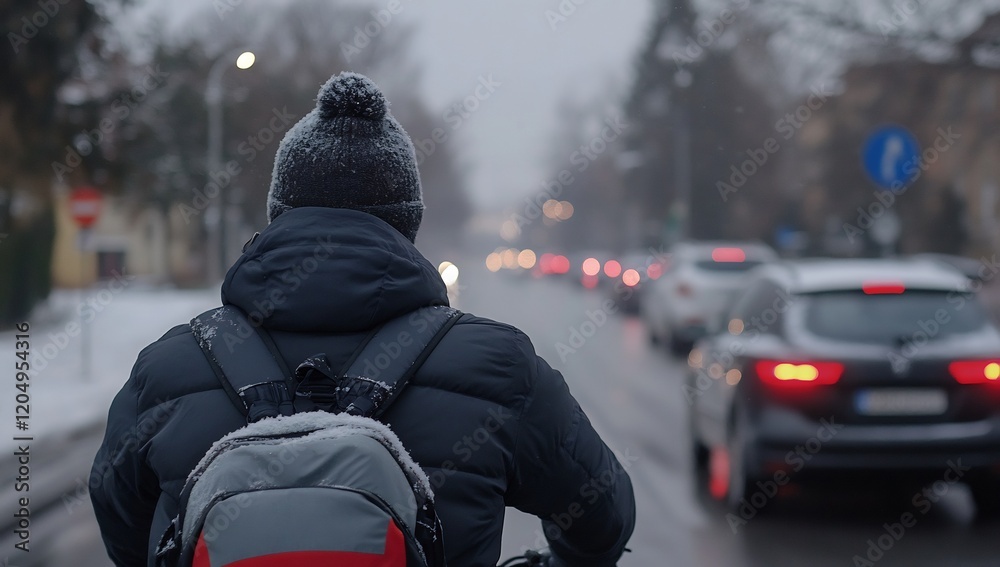 Man walks snowy street, traffic blurred background. Winter commute photo Man walks snowy street, traffic blurred background. Winter commute photo