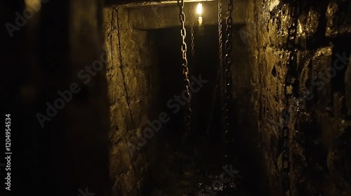 Dark and mysterious tunnel with hanging chains illuminated by single lightbulb photo