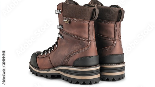 Brown leather hunting boots studio shot, rear view, white background, outdoor gear