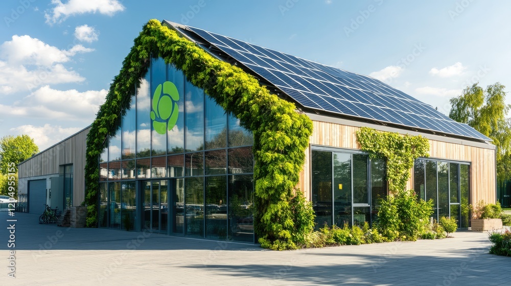 A solar-powered office building with a green business logo displayed on the exterior, emphasizing eco-friendly energy use A solar-powered office building with a green business logo displayed on the exterior, emphasizing eco-friendly energy use