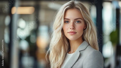 A blonde woman with a white shirt and a gray jacket is smiling for the camera. Generative AI Free Download A blonde woman with a white shirt and a gray jacket is smiling for the camera. Generative AI - GFXLoad