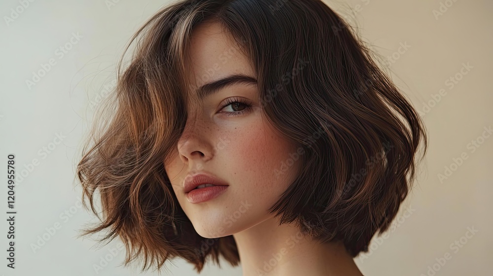 Naklejka premium Young Woman with Wavy Brown Bob Haircut