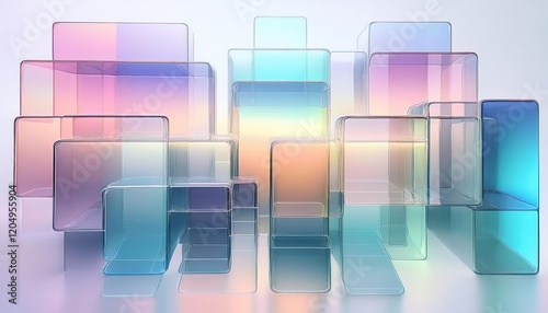 Translucent, iridescent square panels floating in an abstract geometric arrangement with pastel reflections