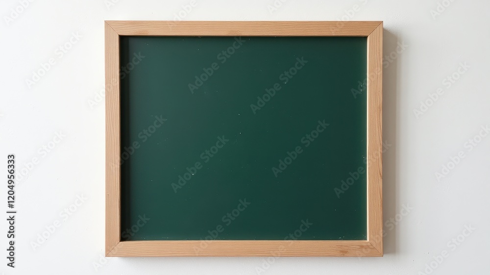 Indoor close-up view of an elegant wooden frame centering a deep emerald chalkboard on a pristine white wall, exuding calm and focus Indoor close-up view of an elegant wooden frame centering a deep emerald chalkboard on a pristine white wall, exuding calm and focus