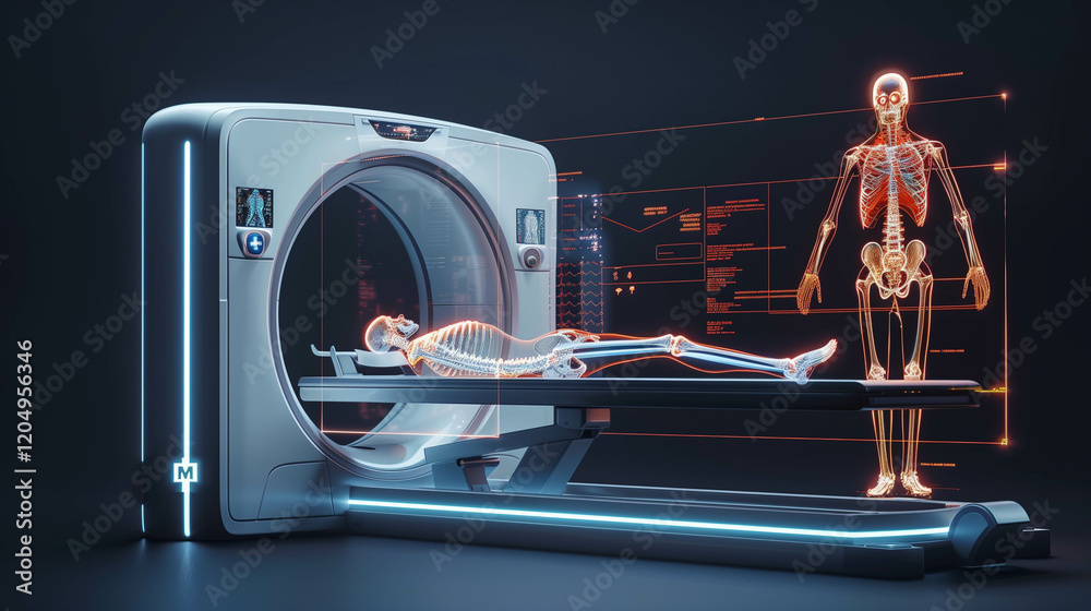 Naklejka premium Futuristic CT scanner with digital human anatomy visualization