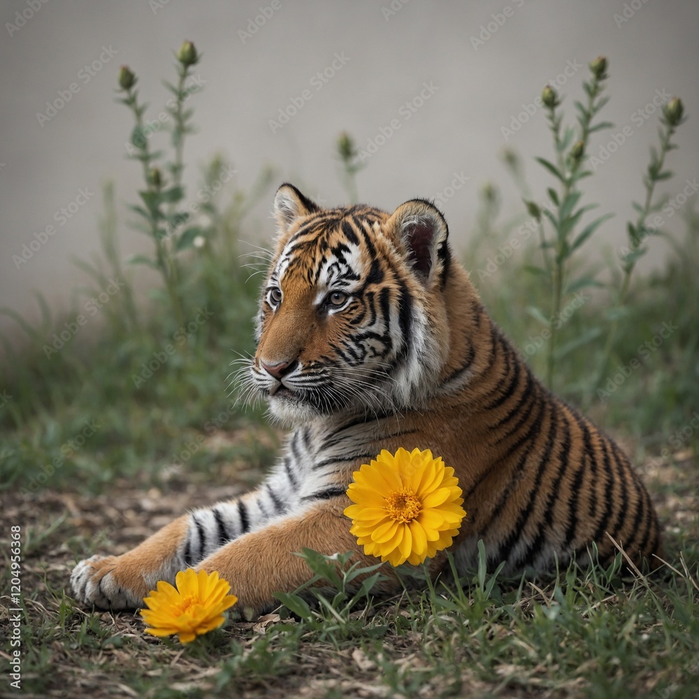 Obraz premium A little tiger cub sitting close to a pretty flower with a white backdrop. 