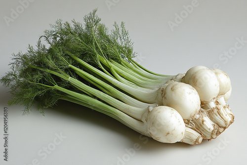 A bunch of fresh fennel bulbs with vibrant green fronds photo