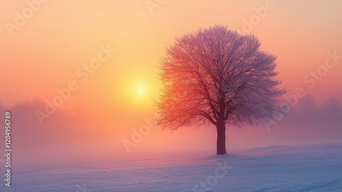 A dramatic sunset sets the sky ablaze behind a solitary tree on a snowy field, blending vivid colors with serene winter beauty. photo