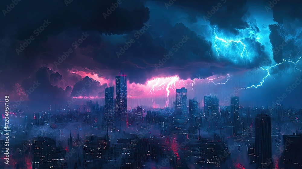 Fototapeta premium Futuristic Cityscape Under a Dramatic Lightning Storm