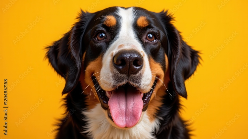 Intense gaze of a Bernese Mountain Dog, mouth slightly agape revealing a playful tongue. Bold black-and-white fur contrasts against a vibrant yellow backdrop, capturing its expressive eyes in a close- Intense gaze of a Bernese Mountain Dog, mouth slightly agape revealing a playful tongue. Bold black-and-white fur contrasts against a vibrant yellow backdrop, capturing its expressive eyes in a close-