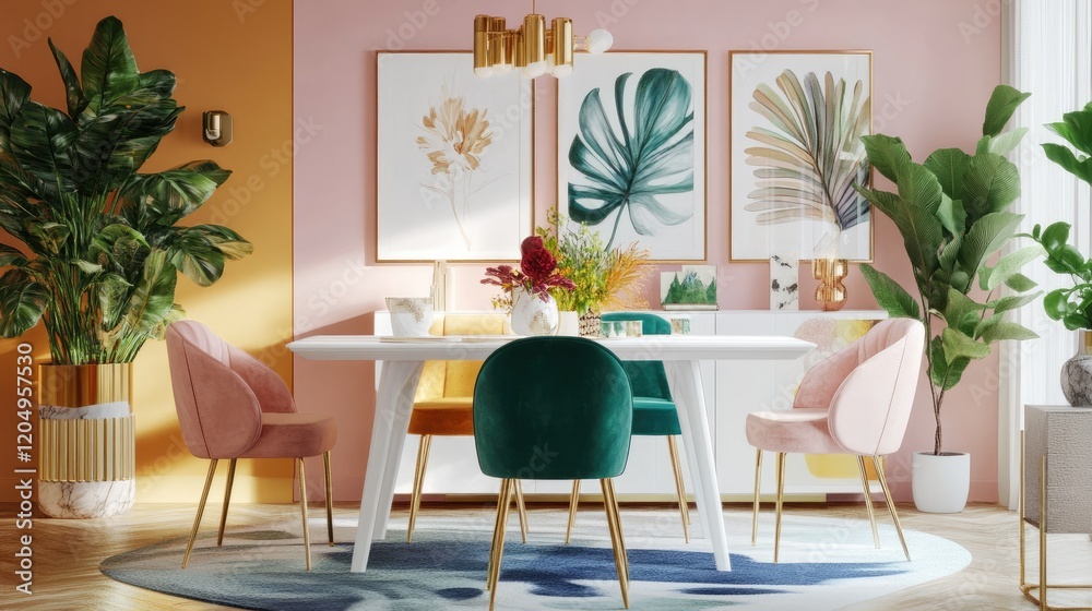 Obraz premium A vibrant dining area with a white table, multicolored chairs, and a gallery wall of art