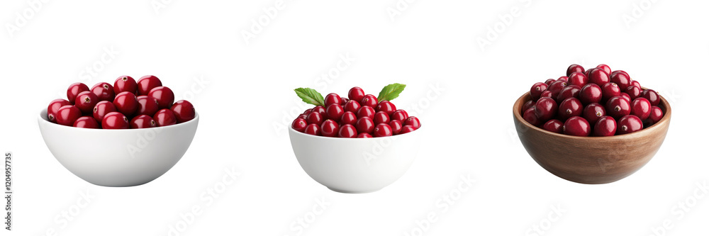 Fresh cranberries in various bowls, showcasing vibrant colors and textures Fresh cranberries in various bowls, showcasing vibrant colors and textures