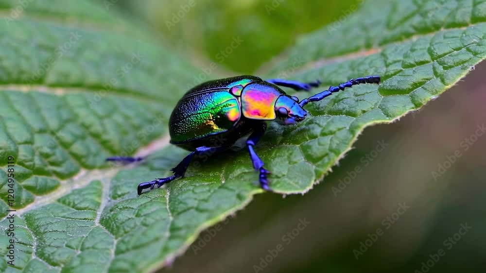 Vibrant Beetle Explores Lush Green Leaves in a Serene Garden Setting Vibrant Beetle Explores Lush Green Leaves in a Serene Garden Setting