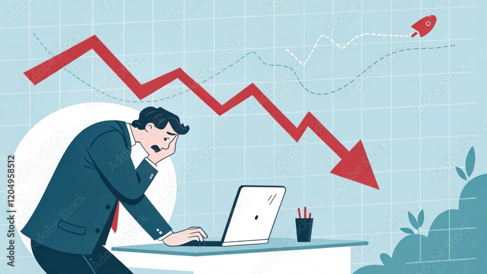 Market Downturn: A stressed businessman sits at his desk, looking down at his laptop with a worried expression. A large red arrow pointing downwards symbolizing a market downturn. Market Downturn: A stressed businessman sits at his desk, looking down at his laptop with a worried expression. A large red arrow pointing downwards symbolizing a market downturn.
