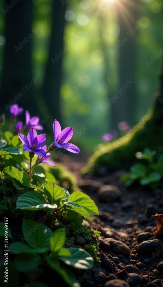 Purple violet flowers blooming in the forest floor, greenery, flowers, purple Purple violet flowers blooming in the forest floor, greenery, flowers, purple