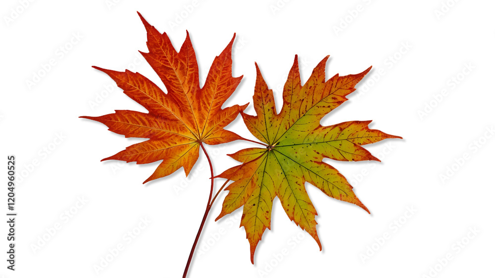 Two vibrant autumn maple leaves, one red-orange, the other yellow-green, isolated on a white background. Perfect for seasonal designs, greeting cards, or fall-themed projects. Two vibrant autumn maple leaves, one red-orange, the other yellow-green, isolated on a white background. Perfect for seasonal designs, greeting cards, or fall-themed projects.