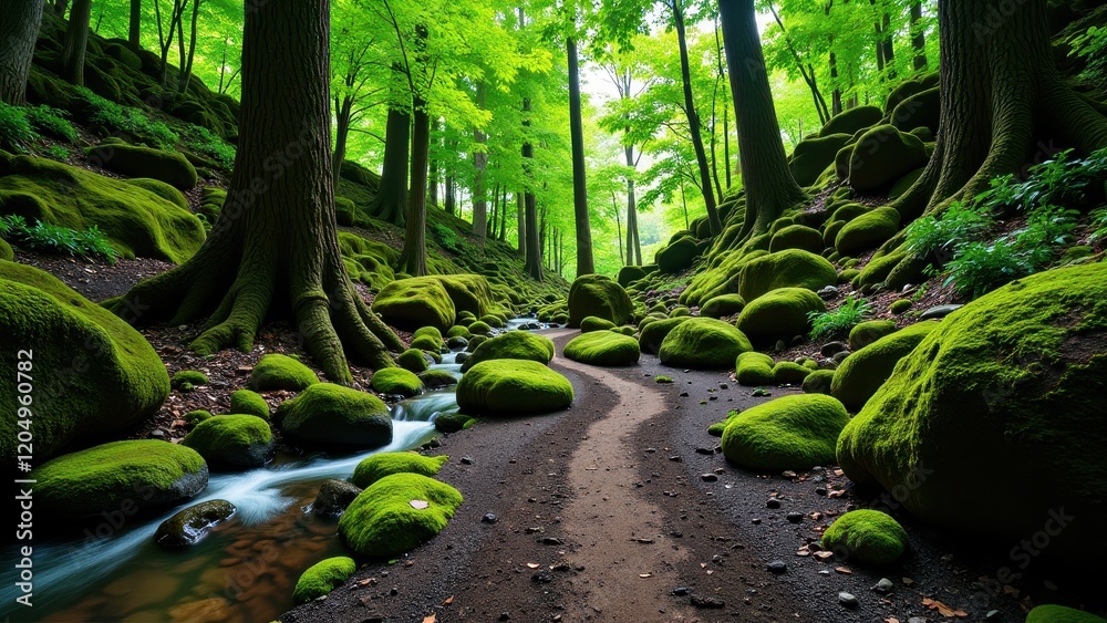 Obraz premium A verdant forest bursts with towering trees and vibrant green foliage. A winding brown dirt path slices through the lush landscape, inviting exploration into nature's heart