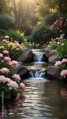An ethereally beautiful garden setting with a stream, bird and butterflies