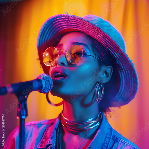 Young african-american woman musician singing on gradient studio background in neon light