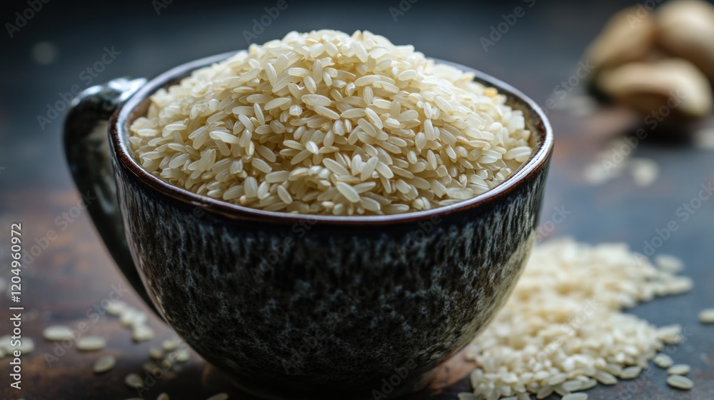 Uncooked jasmine rice in a ceramic measuring cup, emphasizing unique aroma and texture. Ideal for culinary measurements and ingredient highlights. Uncooked jasmine rice in a ceramic measuring cup, emphasizing unique aroma and texture. Ideal for culinary measurements and ingredient highlights.