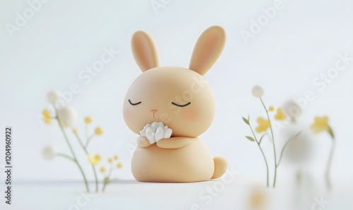 Cute bunny holding flower, serene scene, spring background, Easter card photo