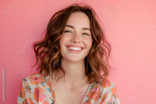 Young laughing woman against pink background