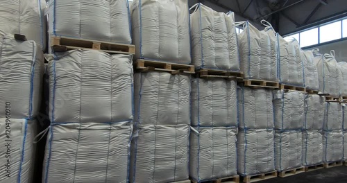Fertilizer warehouse. Storage of fertilizers in bags for further use in agriculture.