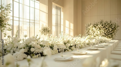 Wallpaper Mural A beautifully arranged dining table adorned with white flowers, bathed in natural light, creating an elegant and serene atmosphere. Torontodigital.ca