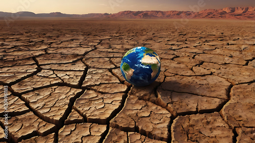 3D globe in the desert surrounded by sand. Showing continents and oceans world water day concept
