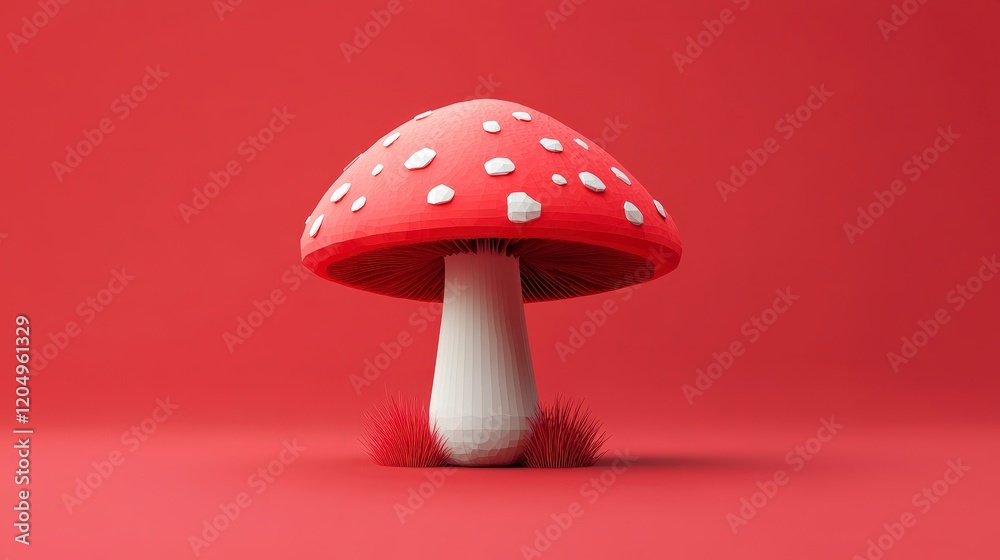 Vibrant Red Mushroom with White Spots on Plain Background Vibrant Red Mushroom with White Spots on Plain Background