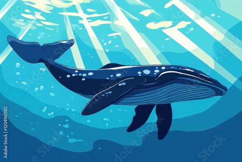 Blue Whale swim in clear ocean. Rays of light break through the water. Generation AI. photo